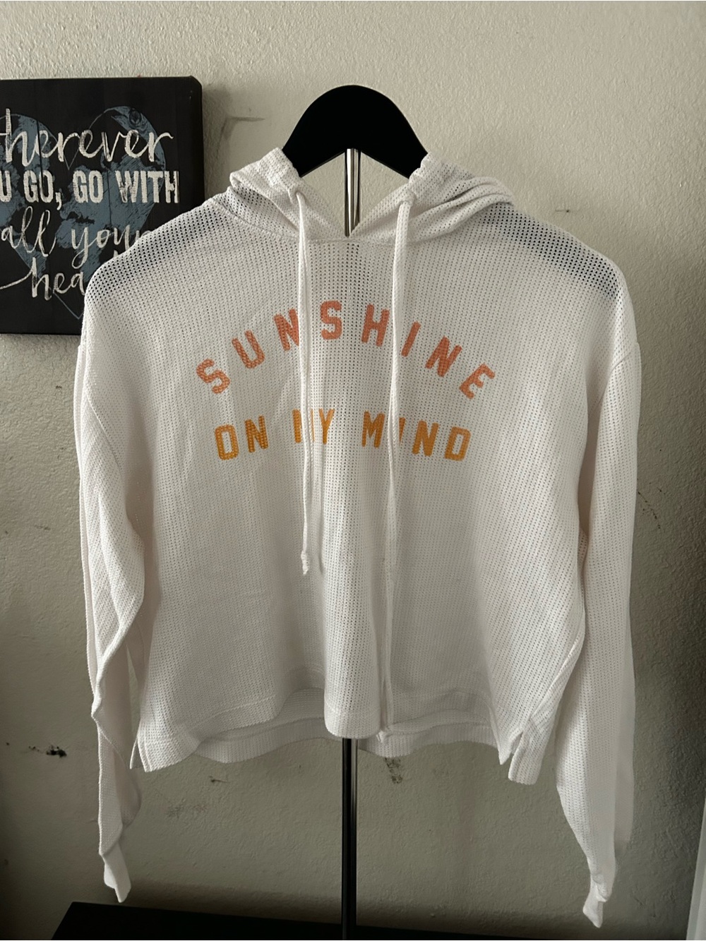 PINK Victoria's Secret White Mesh Hooded Pullover with Peach & Yellow Lettering